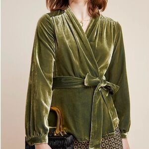 Moulinette Soeurs Olive Velvet Belted Wrap Top